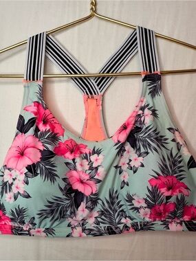No Boundaries Mint Floral Sports Bra with Pink Accents